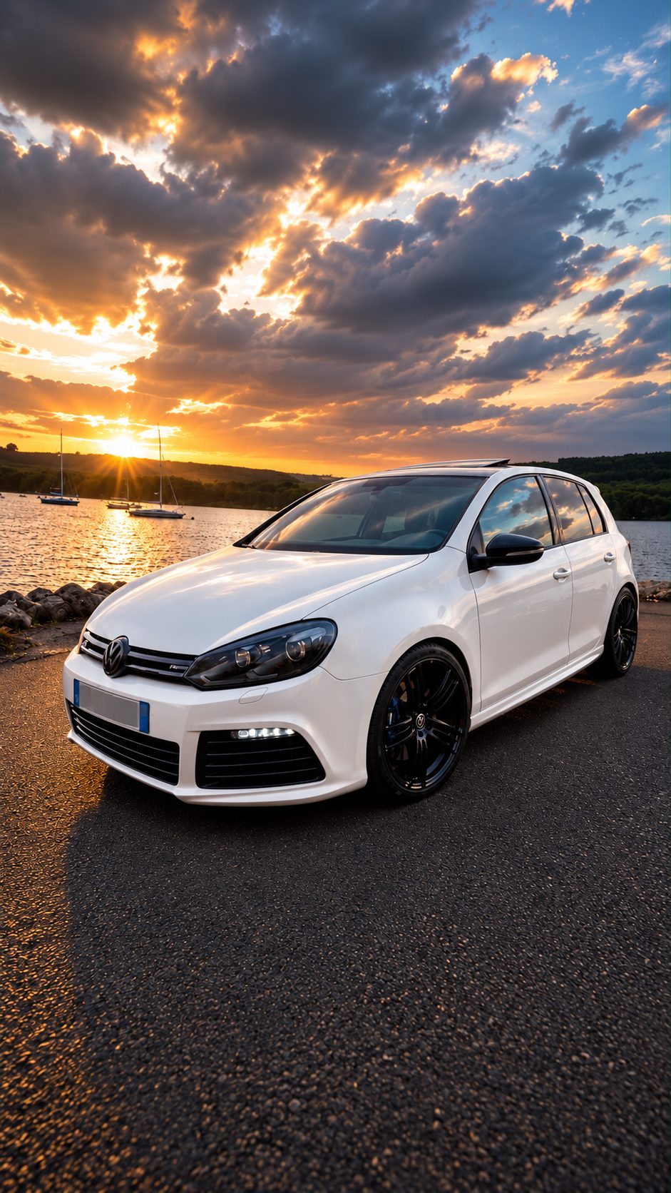Volkswagen Golf 6 R blanche photographiée au bord de l’eau
