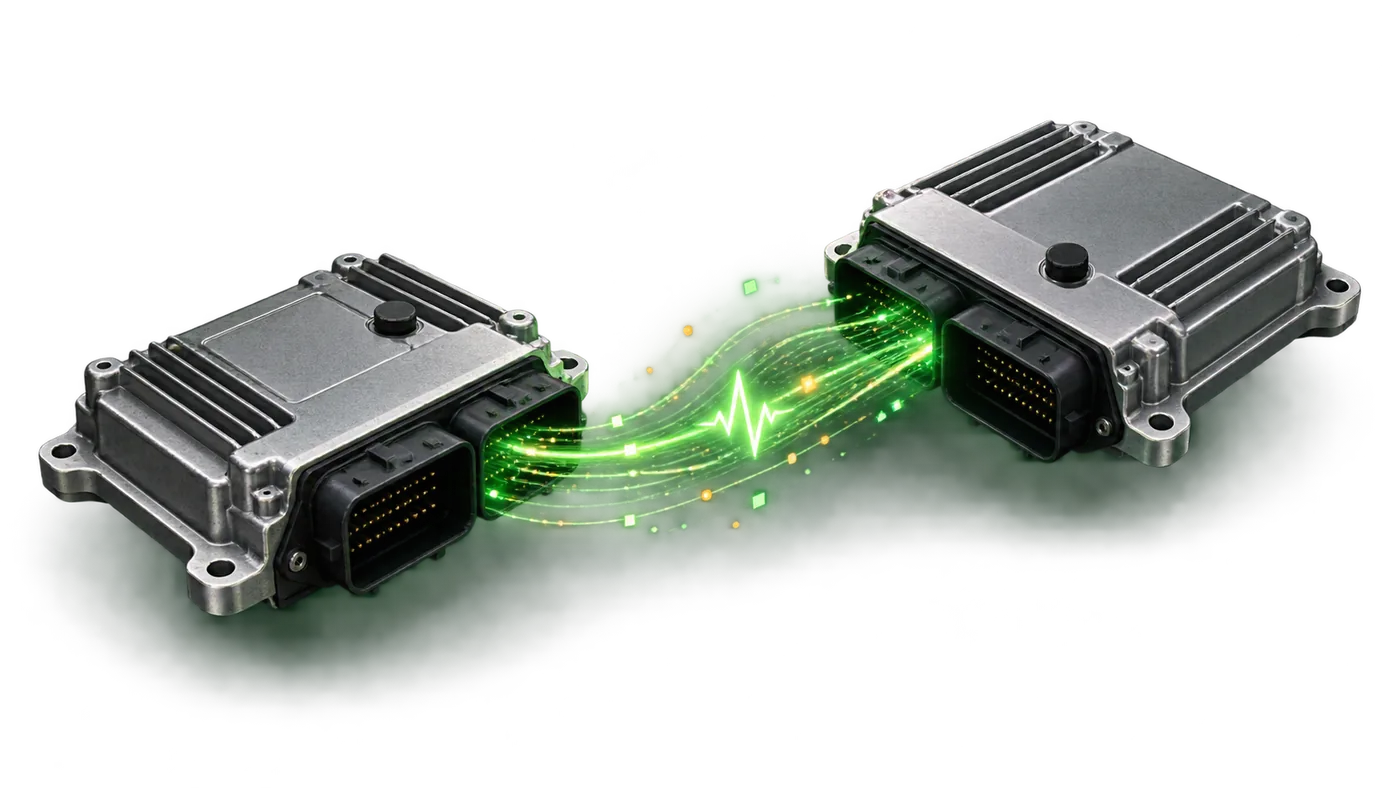Deux calculateurs moteur reliés par un flux de données symbolisant un clonage ECU contrôlé