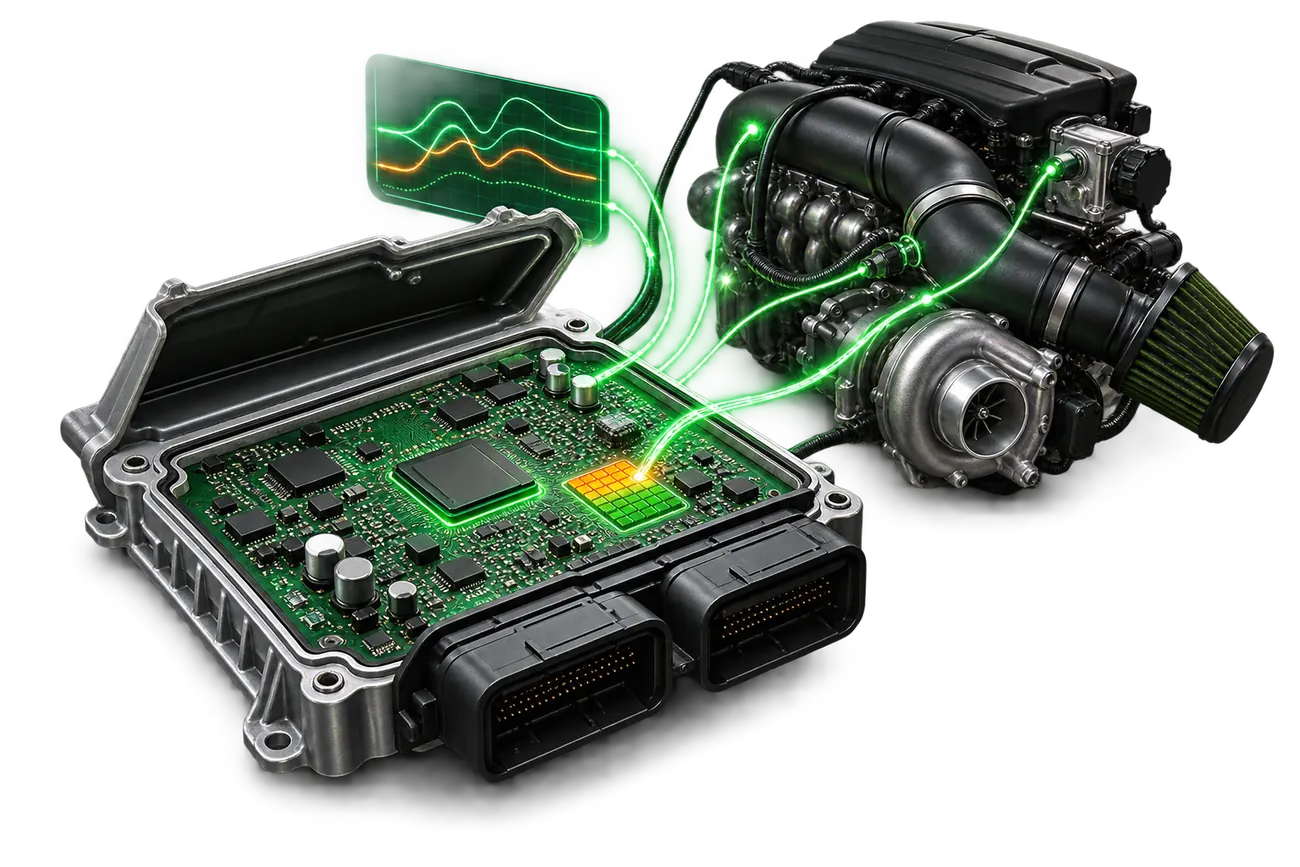 Calculateur moteur relié à un moteur turbocompressé et à des courbes de contrôle